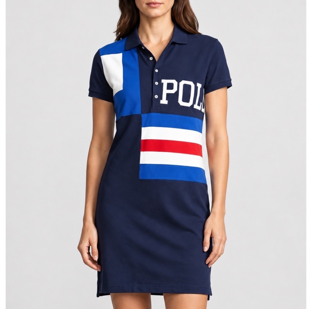 Polo Ralph Lauren Mesh Mini Dress Size Medium Navy Blue Colorblock Logo Sporty
